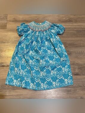Vintage Y2K Blue Floral Smocked Puff cap Sleeve Dress cotton Girls size 4t
